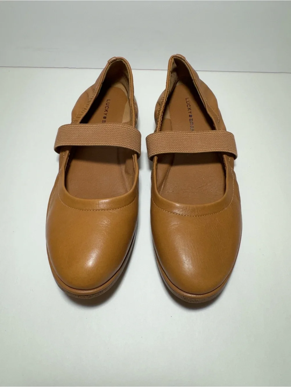 Lucky Brand Walnen Mary Jane Tan Leather Ballet Flats Elastic Strap Size 8.5